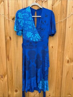 Desigual Blue Floral Print Asymmetrical Wrap Dress